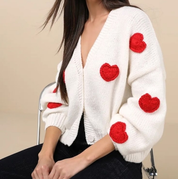 NWT Lulu's White Cardigan with Red Heart Accents - Size L/XL ❤️❤️ - Picture 2 of 11